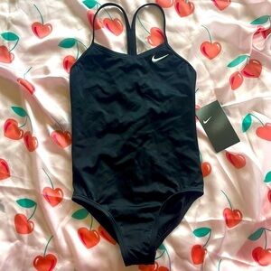 Brand New Nike Black One Piece Racerback Sporty Girl’s Swimsuit White Swoosh